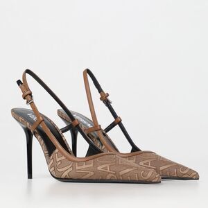 Versace Allover Logo Canvas Slingback Pumps In Brown Size 41